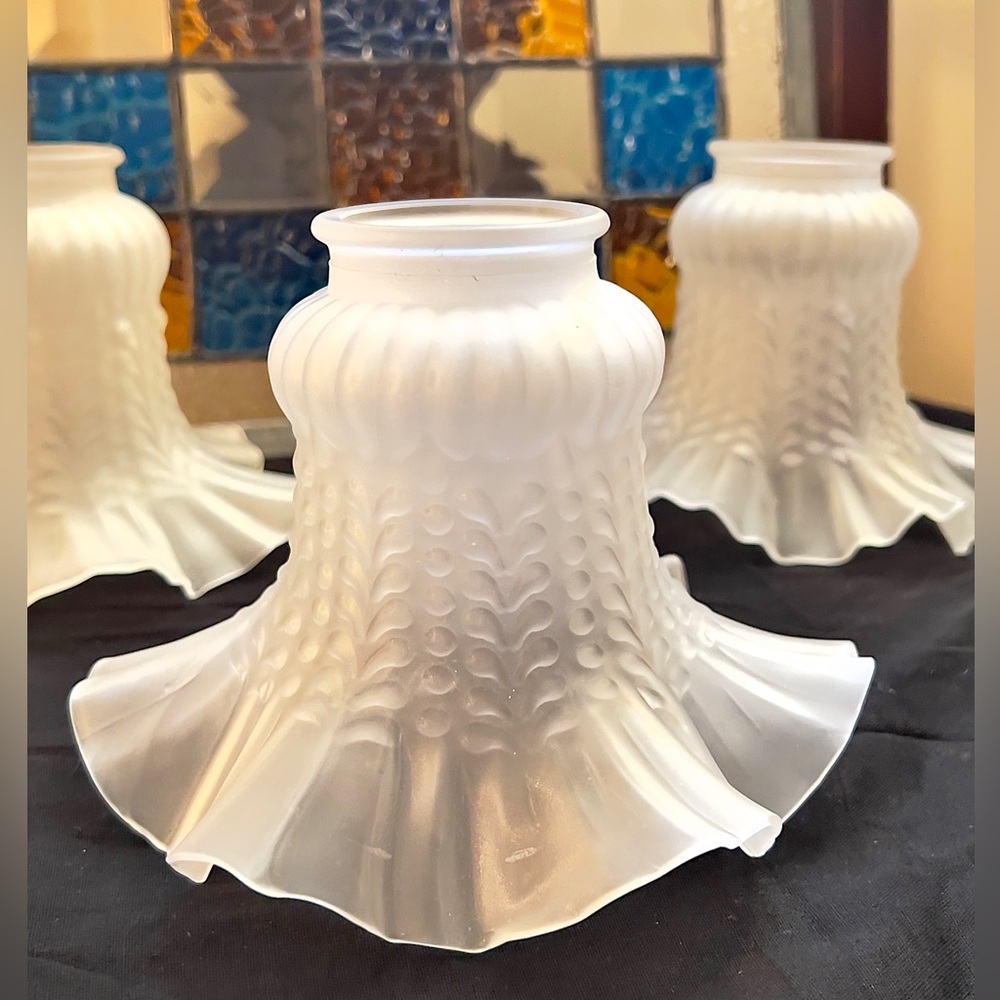 Set of 3 Antique Consolidated Glass Beaded Drape Satin Shades Ground Rim 2.25”